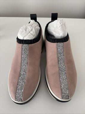 Stuart Weitzman Blush Pink Slip-On Sneakers with Silver Glitter Stripe